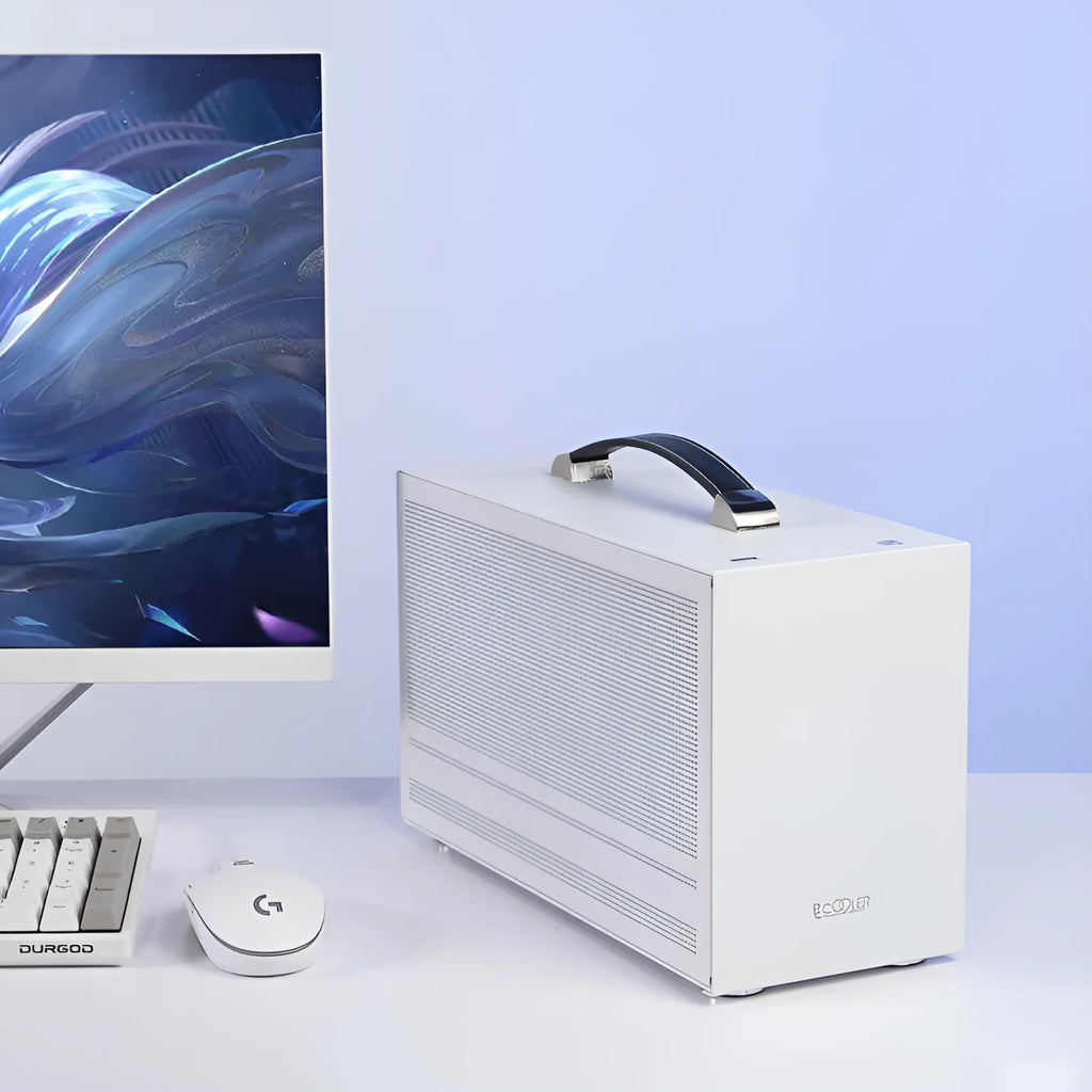 Three Hummingbird PRO portable ITX desktop chassis in titanium gray or white with tinned steel construction