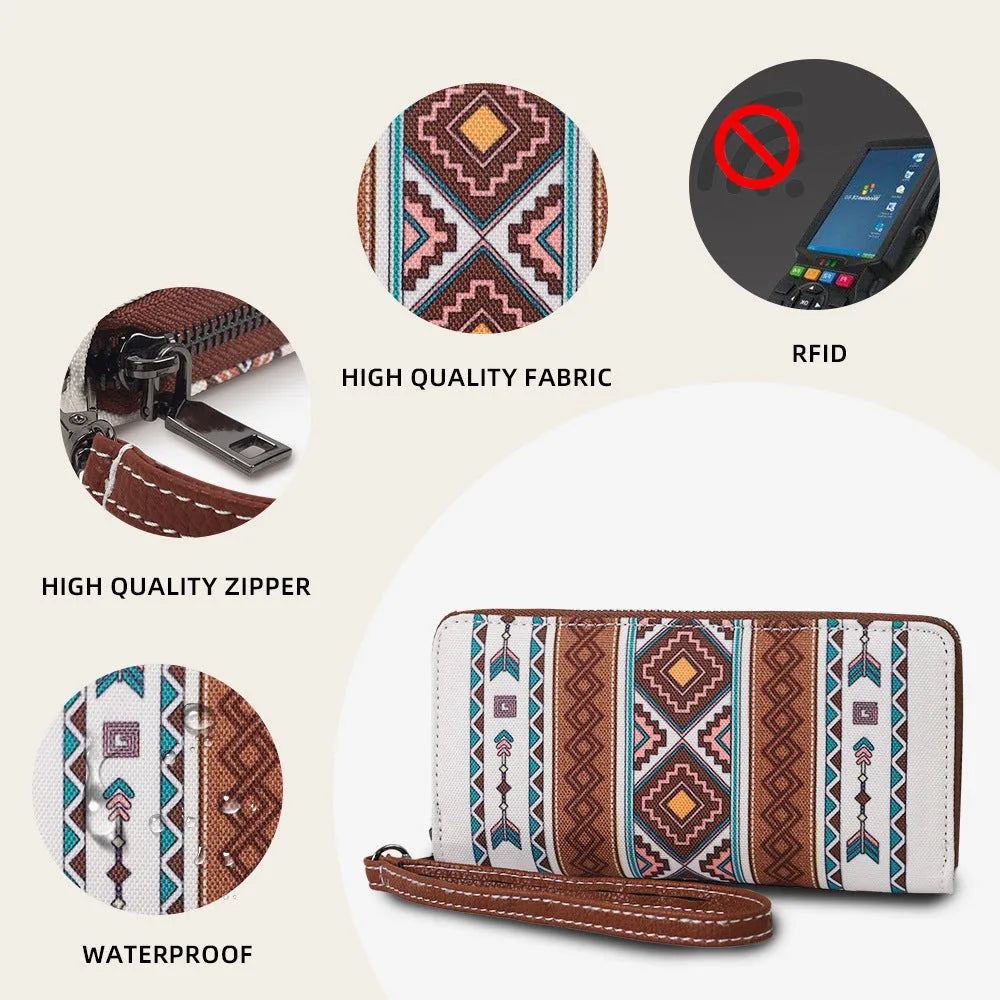Bohemian striped canvas RFID wallet in beige colour showing card slots and wind belt design