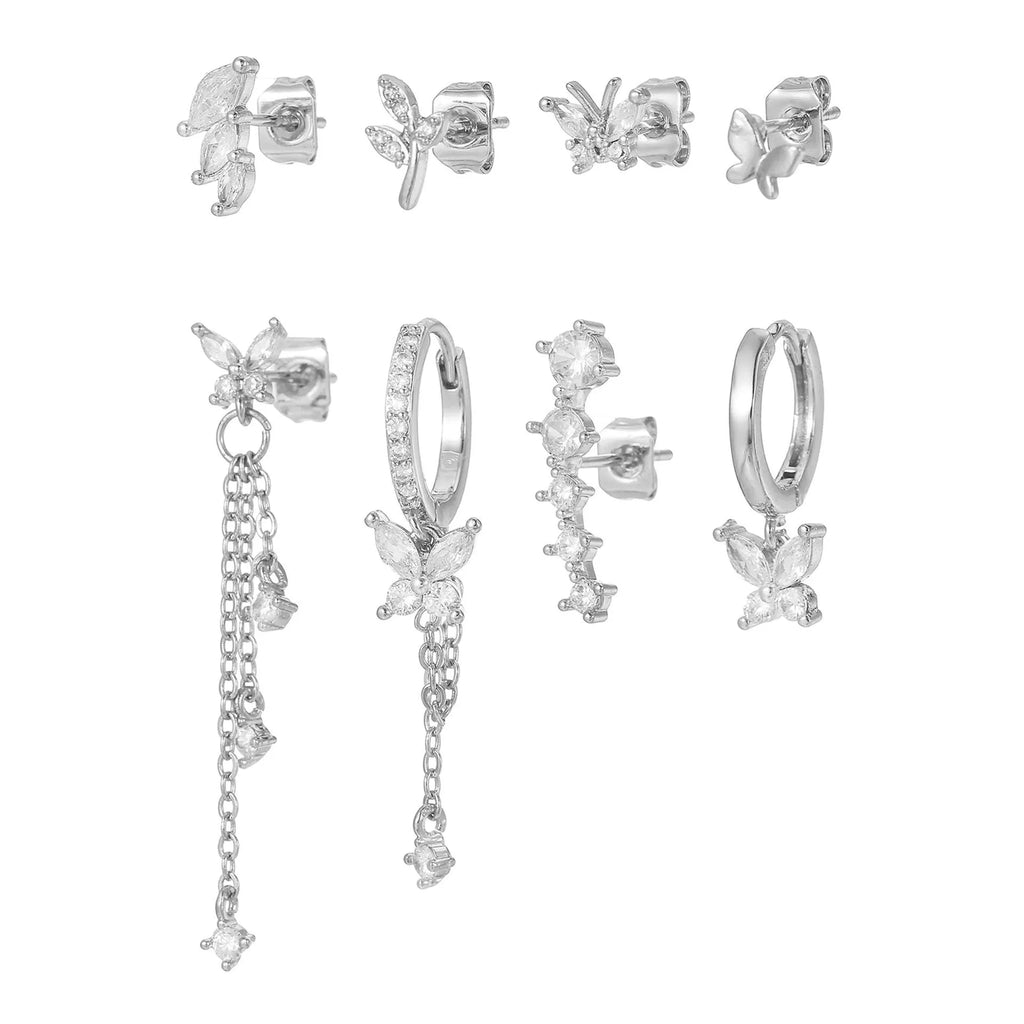Gold and white copper inlaid zircon butterfly chain tassel ear bone stud eight-piece earring set for women