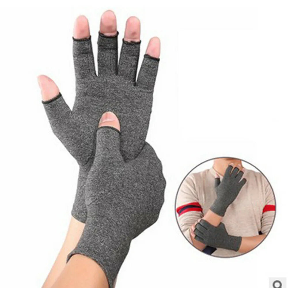 Gray half-finger joint compression gloves showing anti-slip grip details and polyester-spandex fabric texture