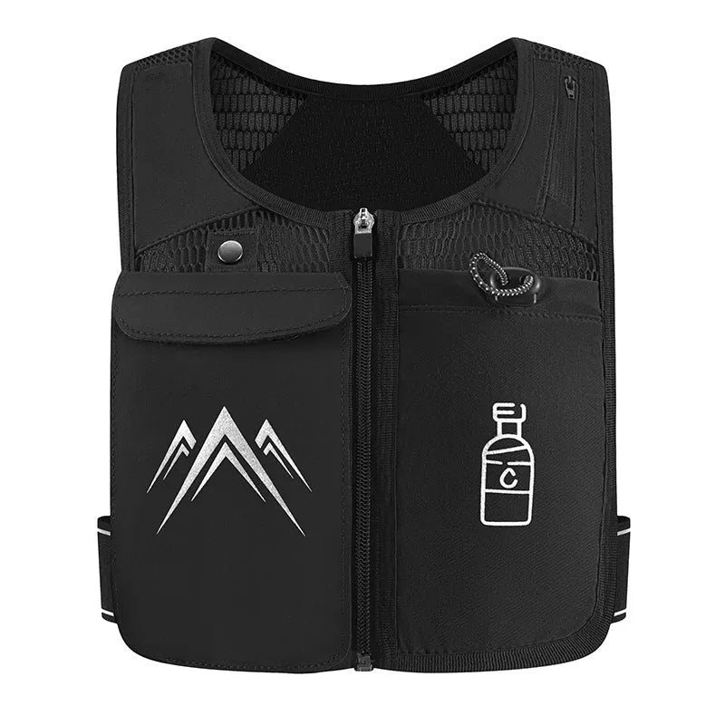 Breathable mesh sports running vest with a front mobile phone pocket, shown in classic black colour.