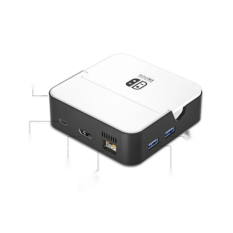 Compact game console multi-function adapter with aluminium alloy housing and Type-C port for 4K projection to TV.