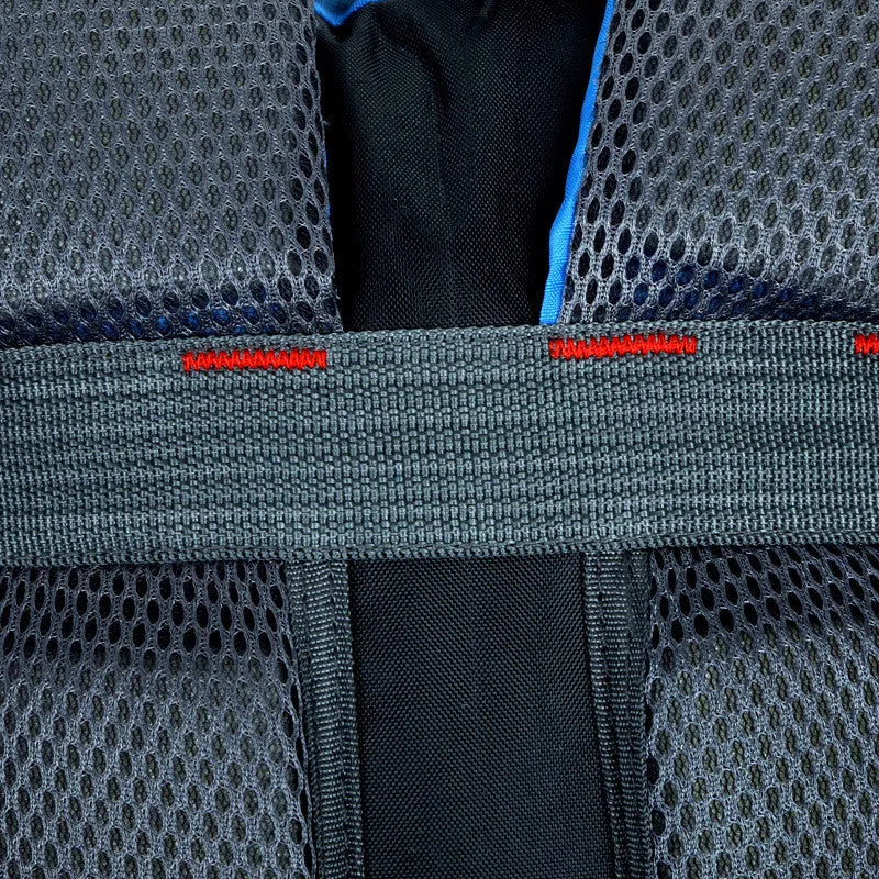 Large red Oxford cloth travel backpack with double straps, showing front compartment and buckle closure.