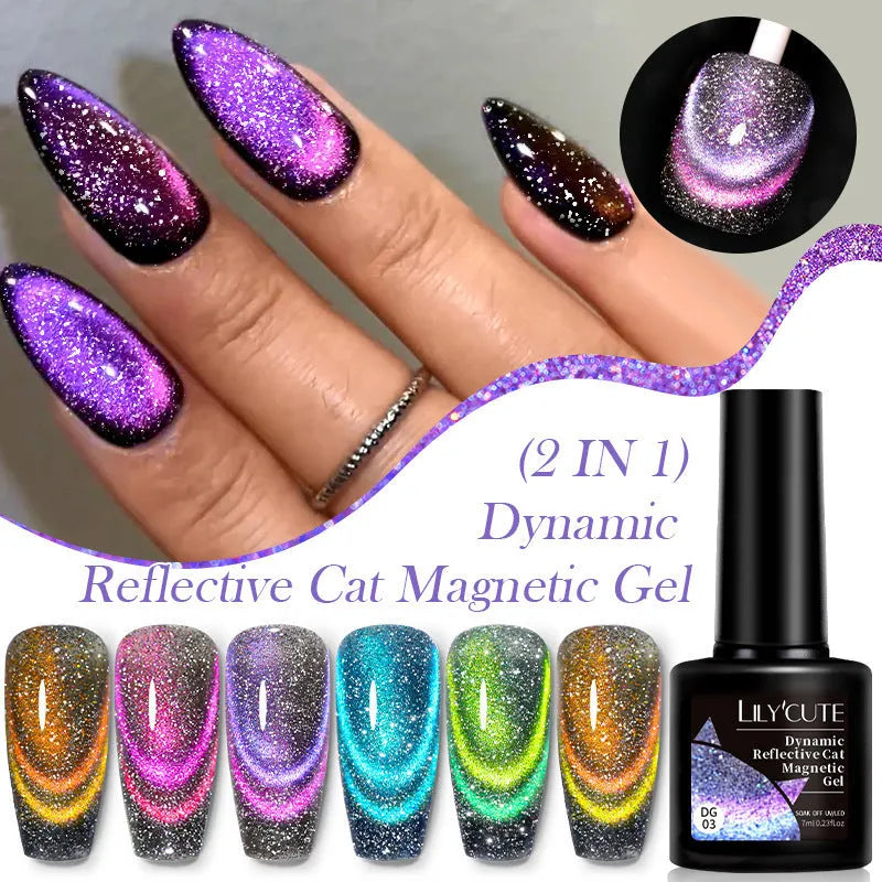 Cat eye UV gel nail polish bottles showing six fluorescent colours with diamond glitter fragments