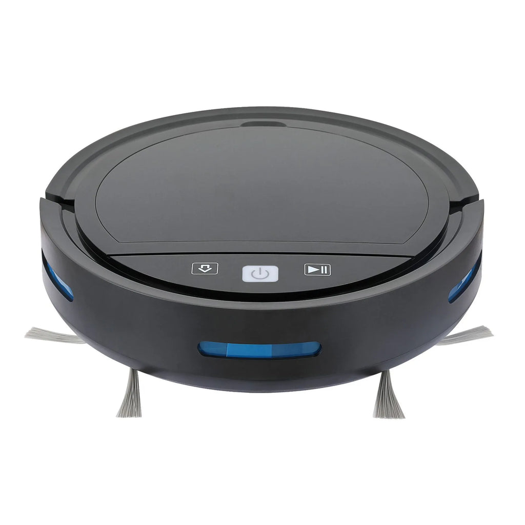 Black automatic recharge vacuum cleaner with remote control on a hard floor, showing its charging base