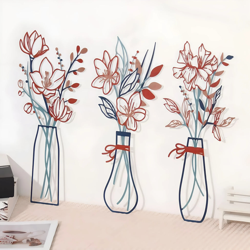 Three metal flower wall decorations in farmhouse style with alloy construction
