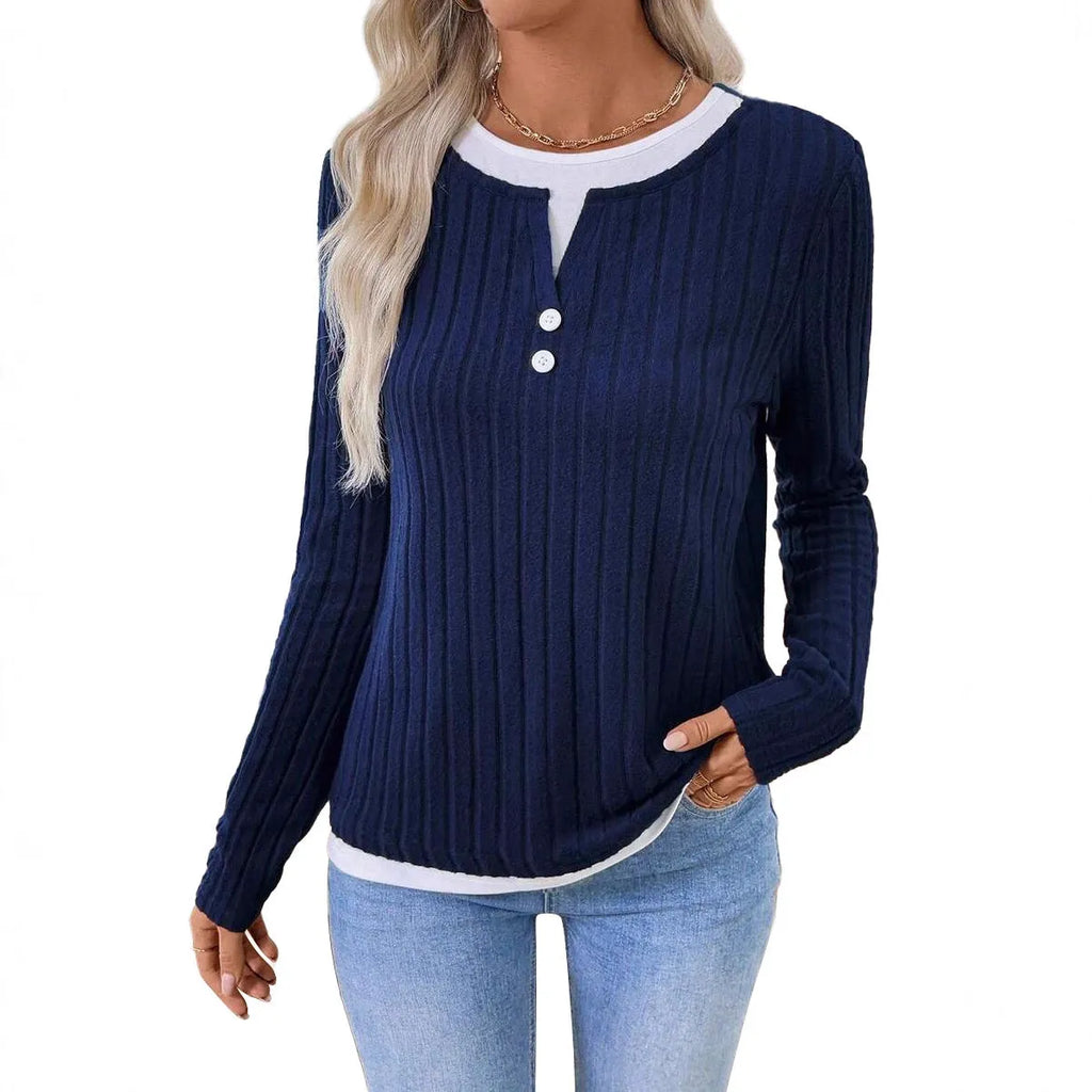 Women's black fake two-piece round neck pullover sweater with long sleeves.