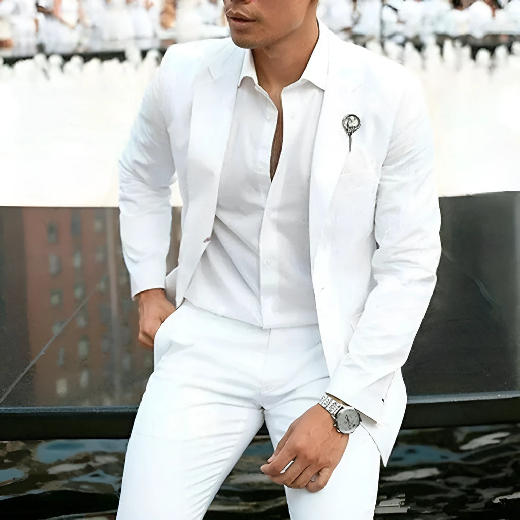Men's white slim fit two-piece suit jacket and trousers for weddings