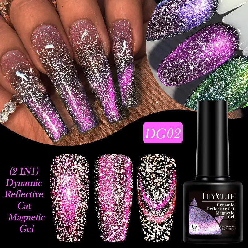 Cat eye UV gel nail polish bottles showing six fluorescent colours with diamond glitter fragments