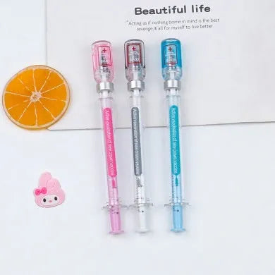 Vaccine pen design gel pen with black refill showing retractable click mechanism and 0.5mm needle tube point