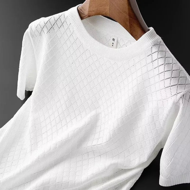 Men's Korean style ice silk t-shirt in black or white with V-neck or round neck options