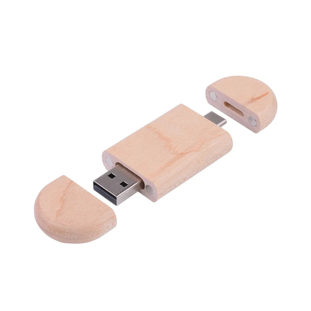 Carved wooden USB flash drive with phone ornament in various wood finishes