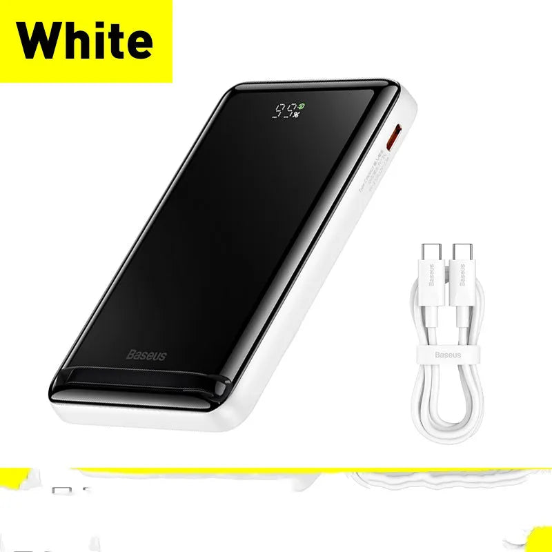 Slim blue magnetic power bank with wireless charging capability showing dimensions