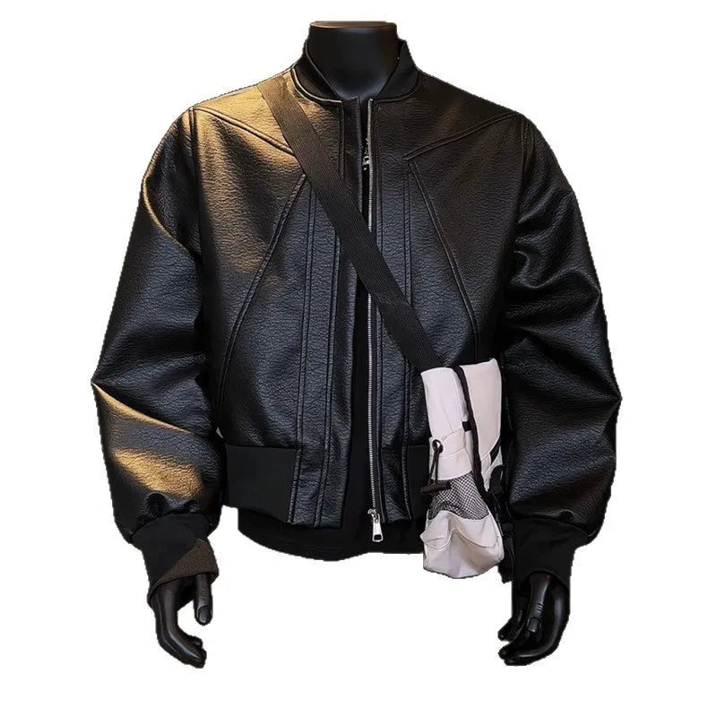 Men's extended 100cm black PU leather jacket with litchi grain texture in tight-fit design