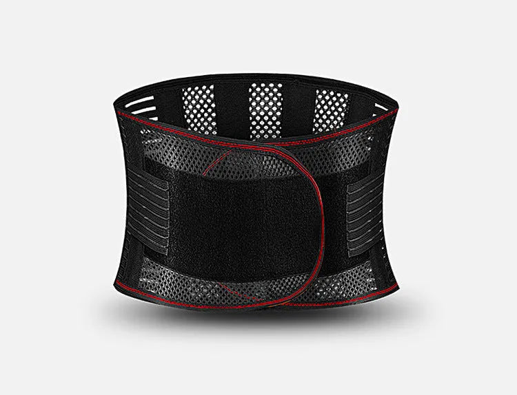 Black breathable sports waist support belt with an internal steel plate for lumbar stabilisation.