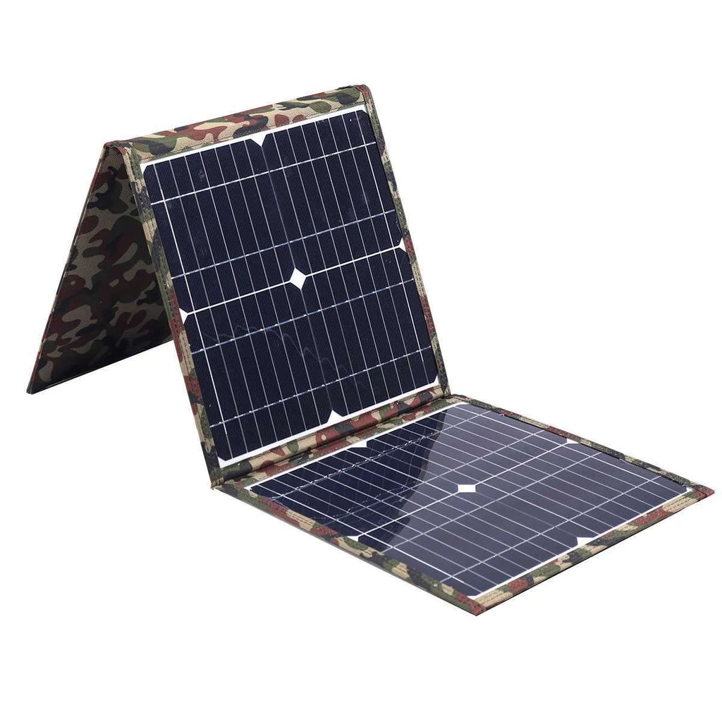 Black foldable 36W solar panel unfolded showing three monocrystalline cells with connection cables
