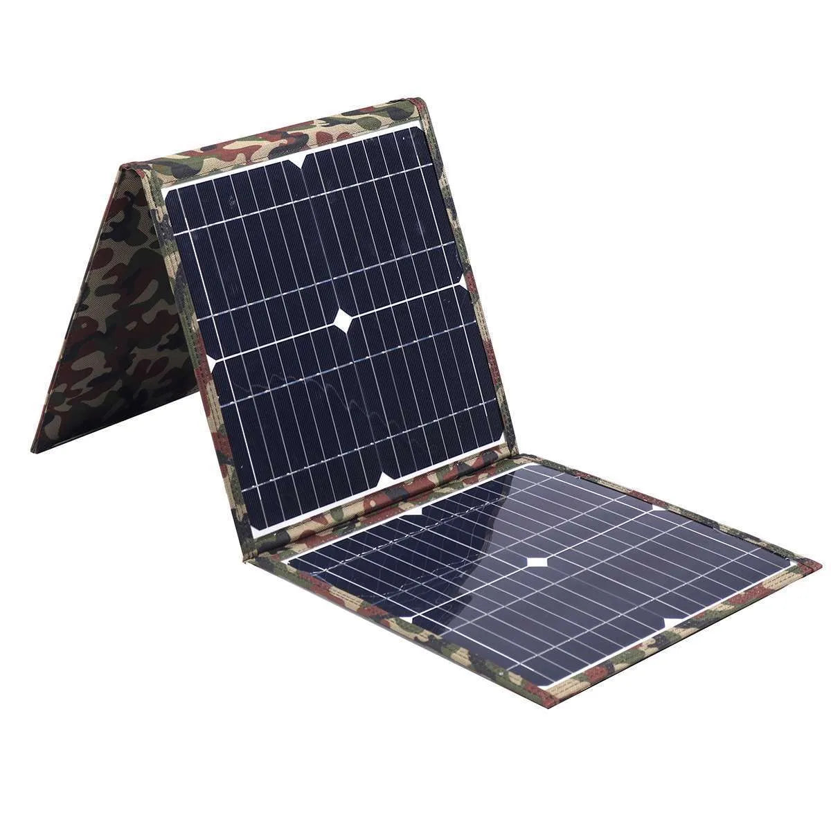 Black foldable 36W solar panel unfolded showing three monocrystalline cells with connection cables