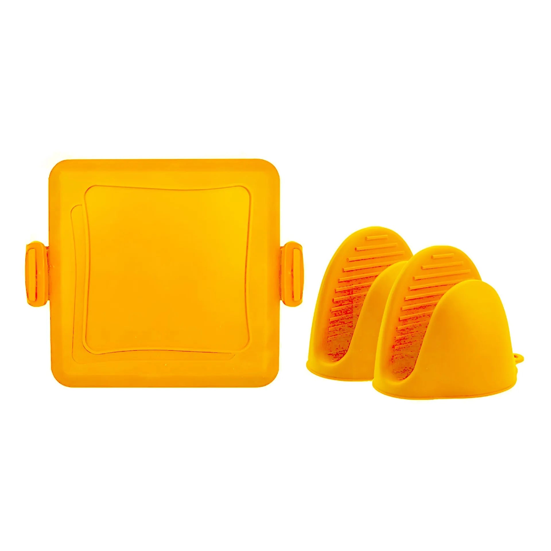 Red silicone baking tray and matching anti-scald gloves set in colour box packaging.