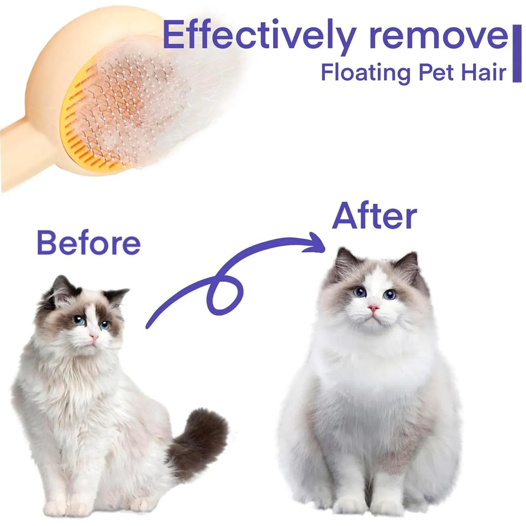 Blue pet grooming brush with self-cleaning button and angled metal bristles