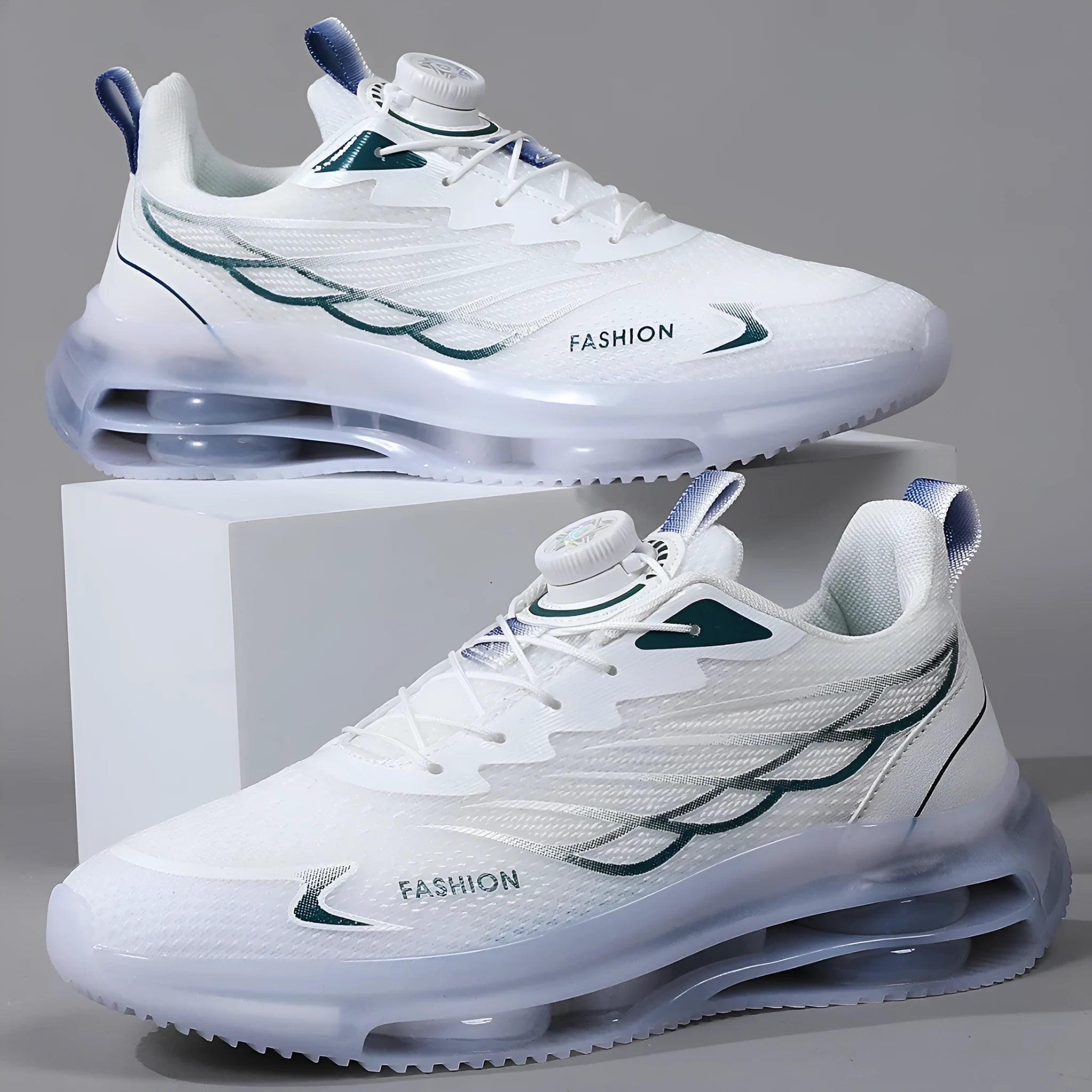 White Korean-style casual sports shoes with mesh upper and rubber sole, front lace-up design