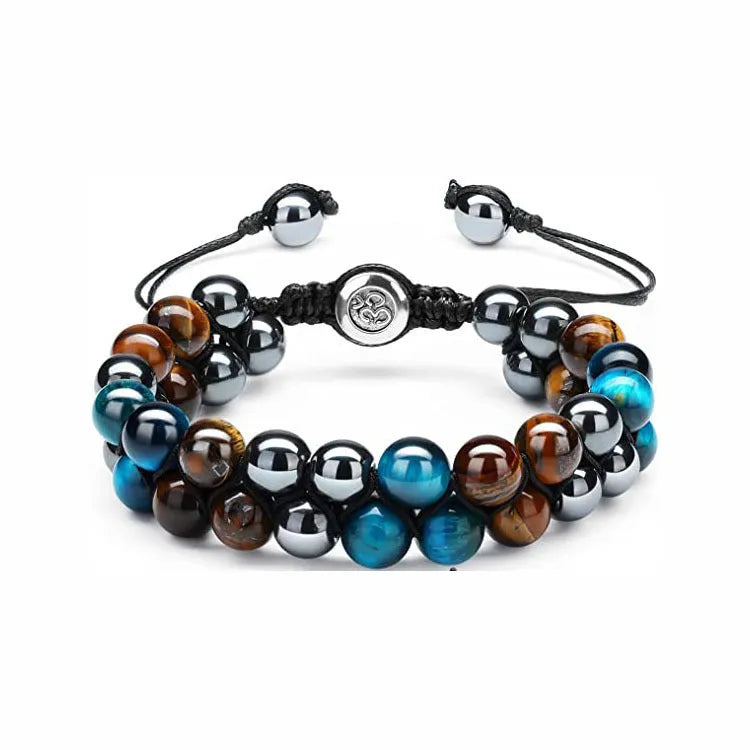 Men's double-layer woven tiger eye stone bracelet with bright magnetic clasp, blue yellow colourway