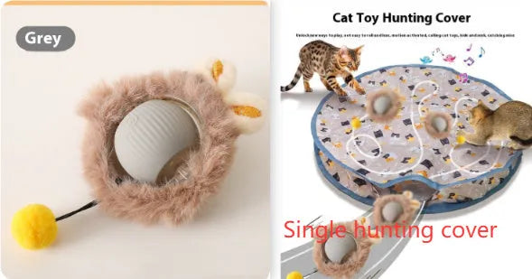Flexible silicone rolling ball cat toy in plush red, green, and grey colours