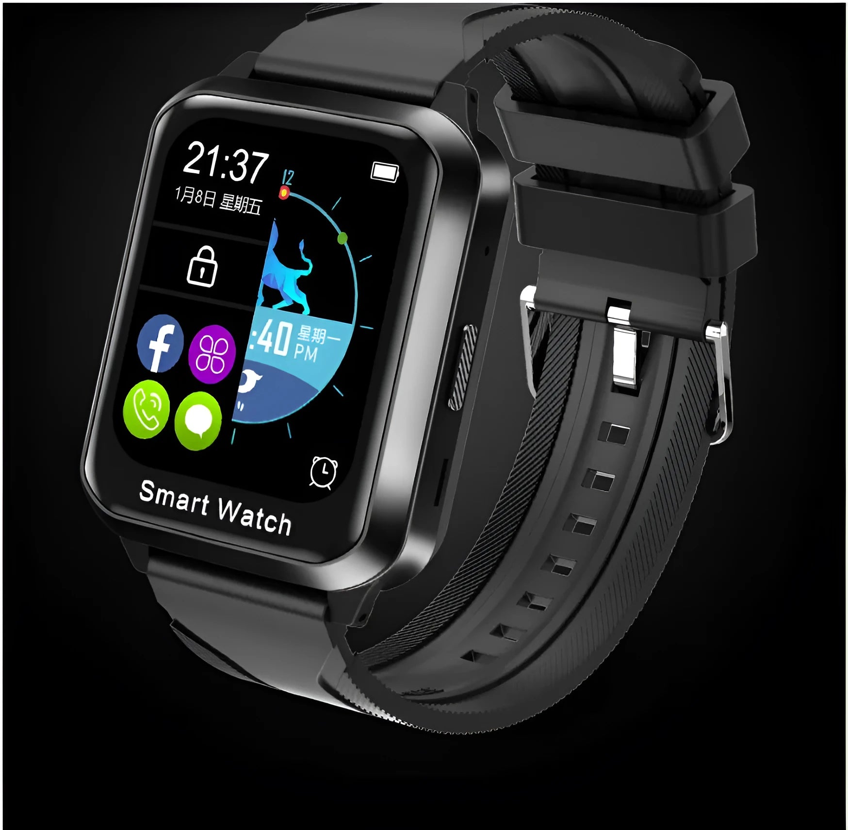 Smart bracelet with split screen display showing call interface on black silicone wristband