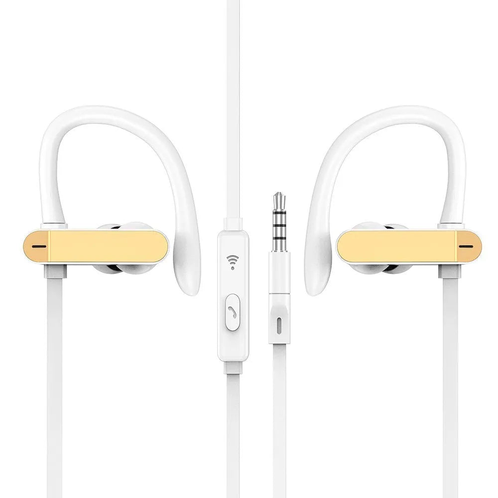 PTM TS27 compatible sport running earphones with black ear hook and silicone earbuds, showing microphone on cable