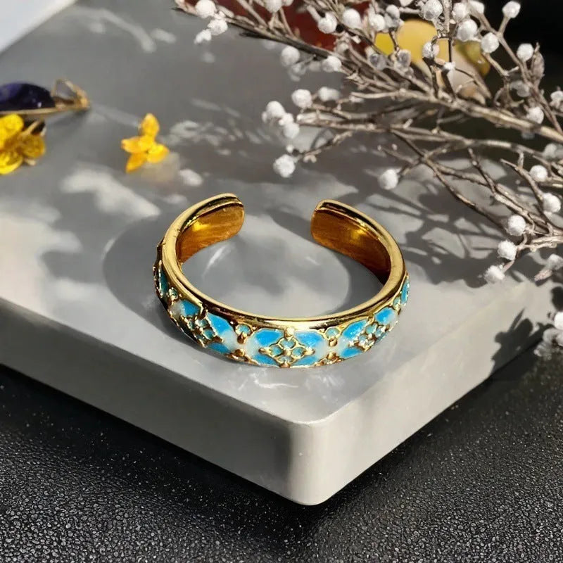 Adjustable vintage gourd ring with hand-painted oil drip finish and inlaid zircon stones