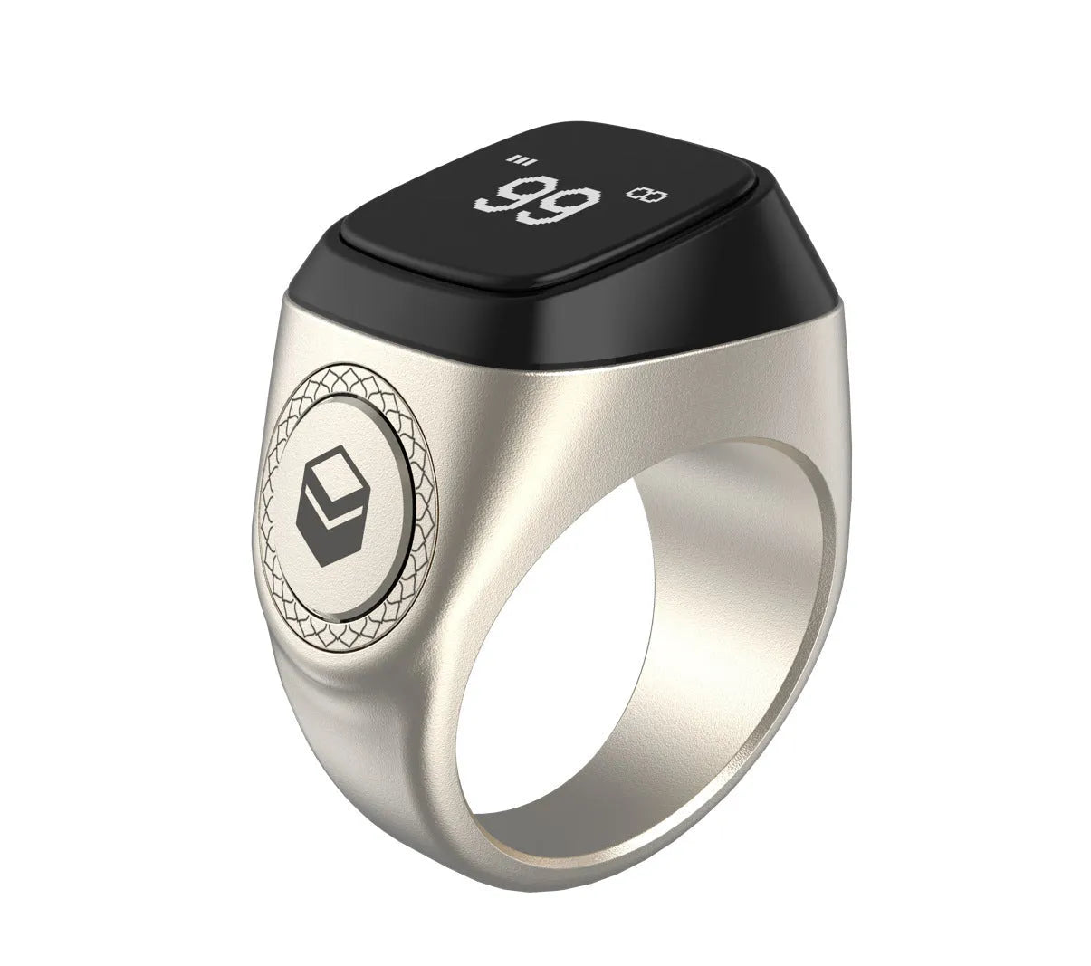 Silver smart ring with a small OLED screen displaying numbers, shown next to its charging case.