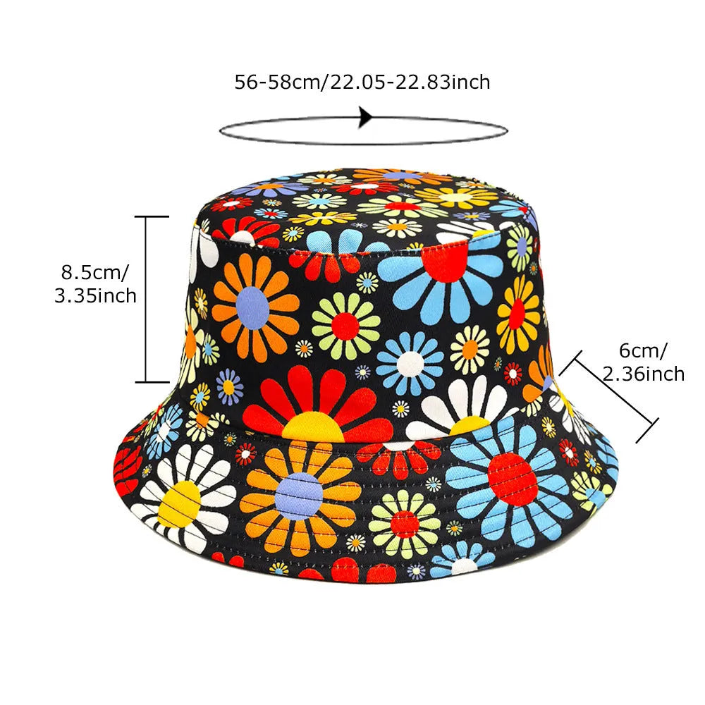 Colourful flowers pattern bucket hat with dome crown in size M for sun protection