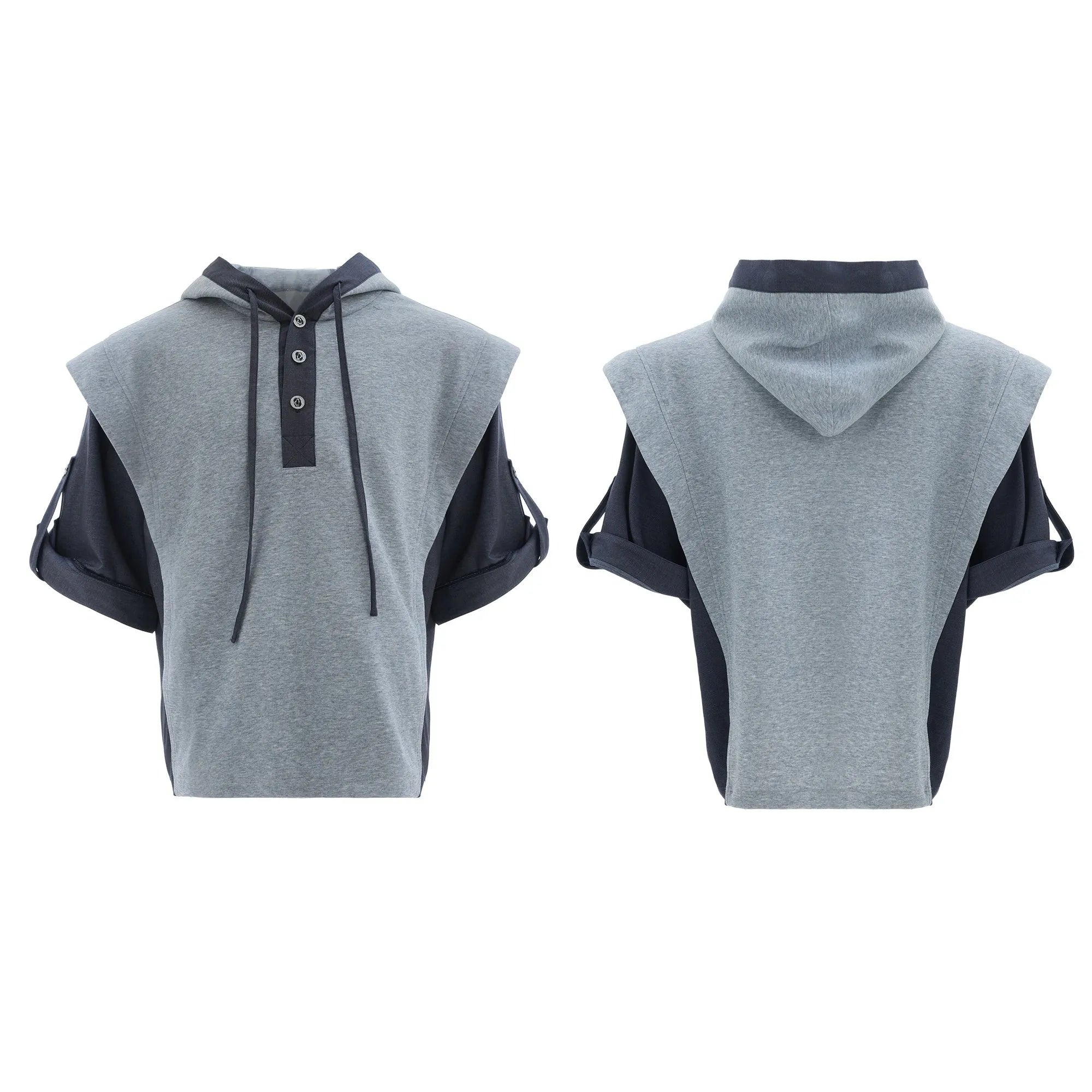 Men's black polyester sports suit with hooded short sleeve jacket and matching trousers laid flat