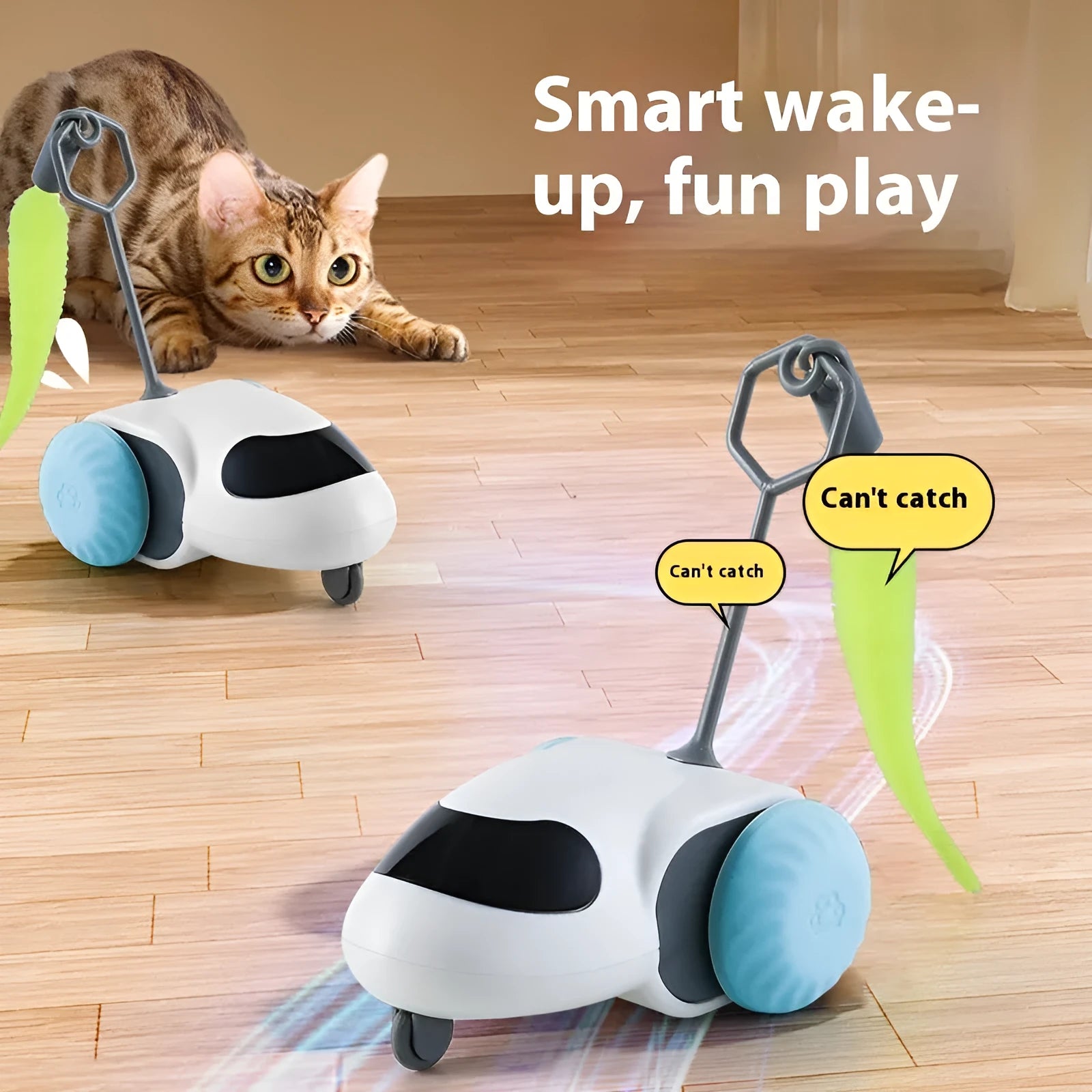 Smart running car electronic cat toy in light grey blue with motion sensors and Type-C charging port
