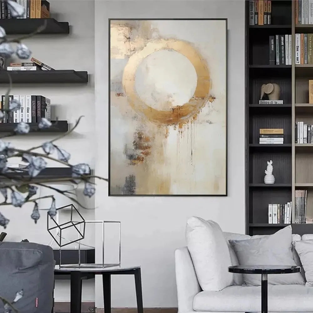 Handmade oil painting canvas wall art modern abstract golden circle design rolled frameless