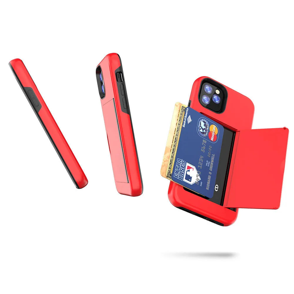 iPhone 11 protective case in TPU+PC material showing black, red, pink, dark blue, blue, and purple colour options
