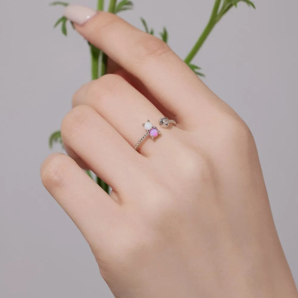 S925 sterling silver bear ring for women with Australian gemstone and zircon, adjustable opening heart shape style