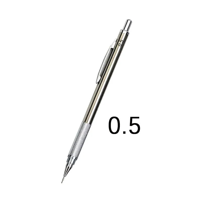 Metal automatic mechanical pencil with retractable tip, shown with compatible lead sizes from 0.3mm to 3.0mm.