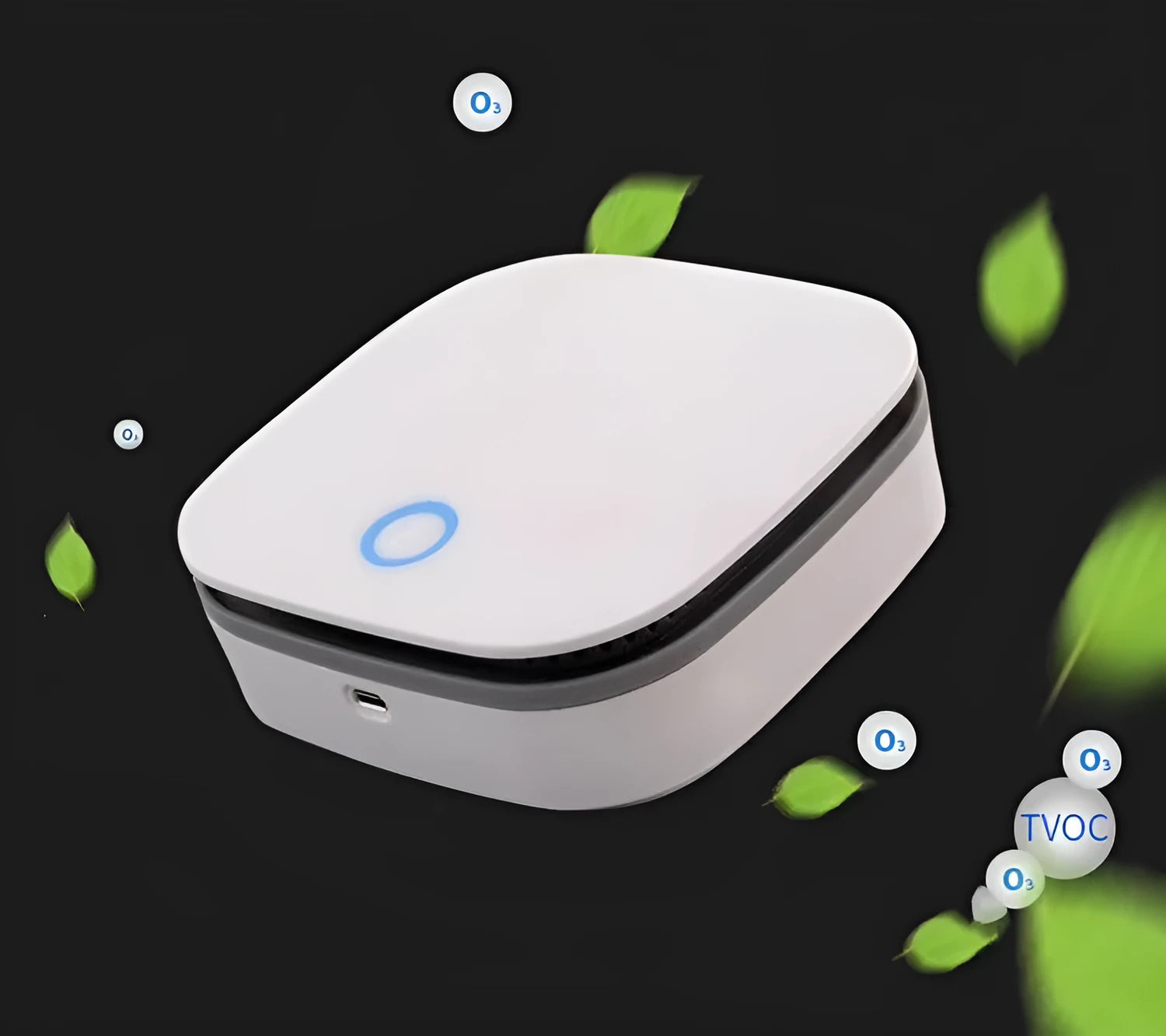 White USB-powered car air purifier with a composite filter for odour removal and disinfection.