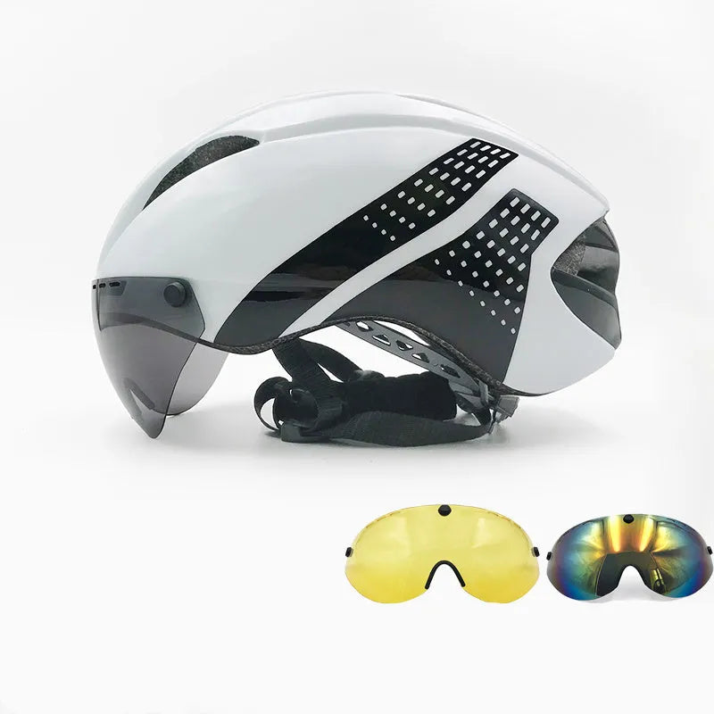 Magnetic goggles helmet for mountain or road bike, PC shell, 11 vents, silver-gray and yellow lenses, size L