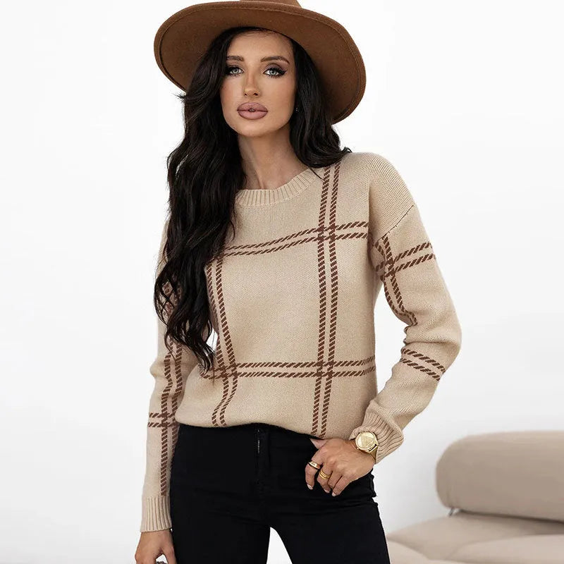 Women's casual plaid colour-block crew neck acrylic sweater with apricot, black, beige, red and green stripes