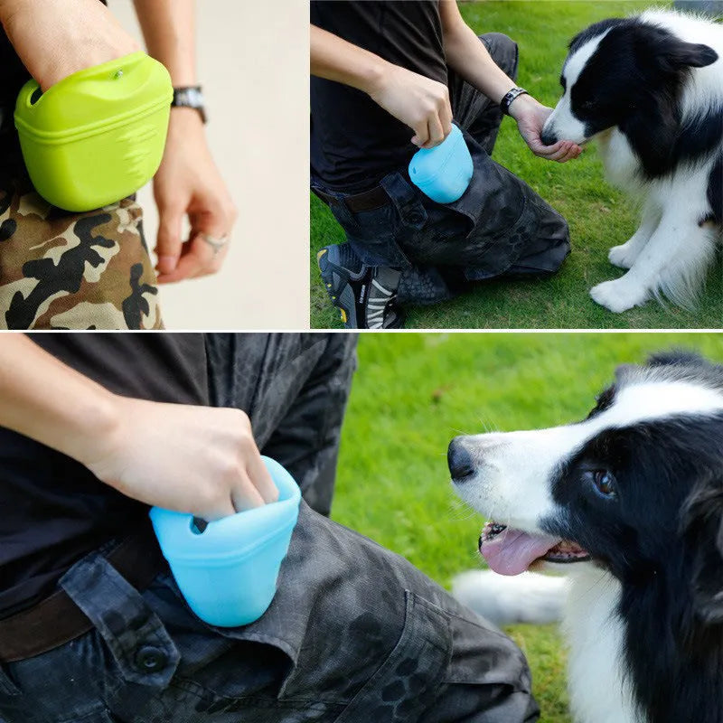 A silicone dog training treat pouch with a clip, shown in one of six available colours.