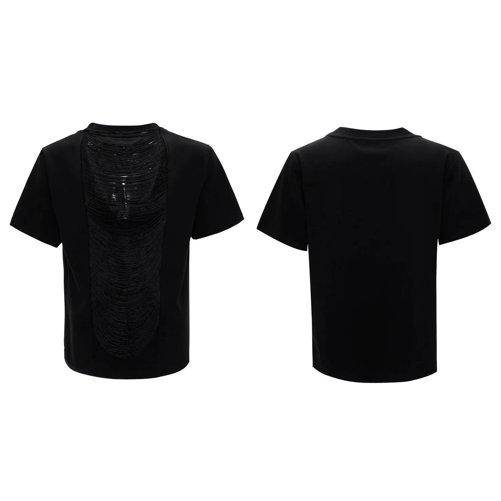 Polyester men's short sleeve t-shirt with hollow out V-neck in drum black