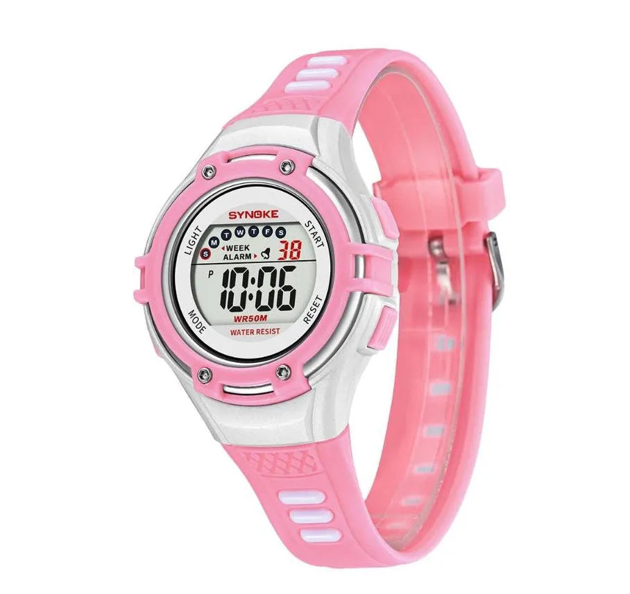 Synoke children's electronic watch in black with luminous display, alarm and 50m water resistance on a child's wrist