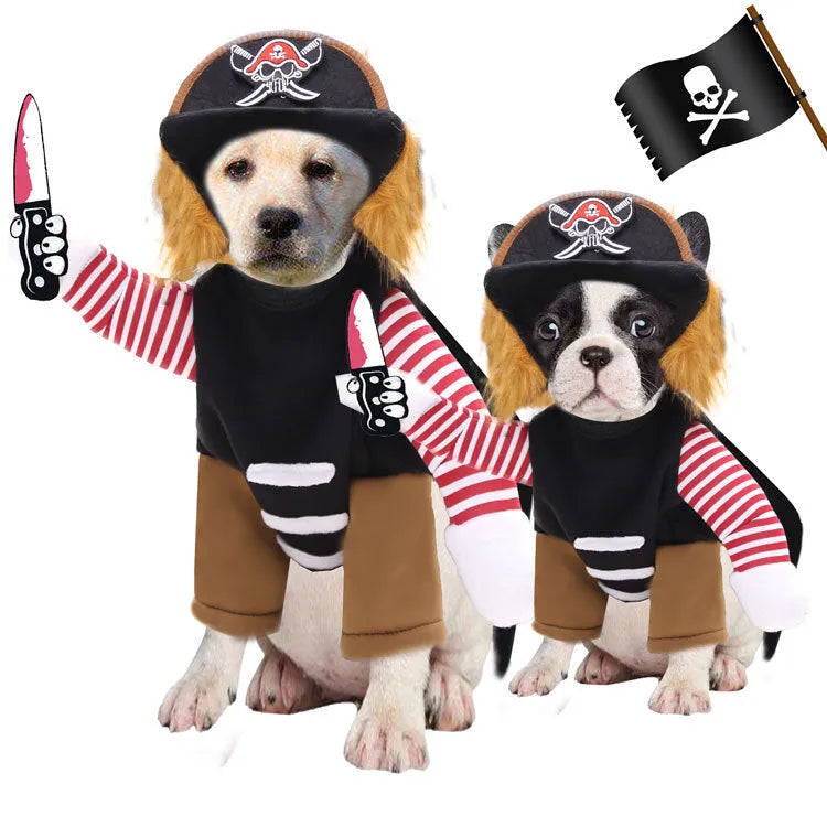 Pirate pet costume for dog or cat made from polyester, includes hat, available in multiple sizes