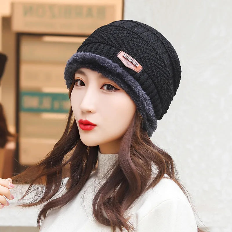 Coral Fleece Balaclava Winter Hat – wool knit dome beanie with fleece lining, unisex one size, navy blue shown
