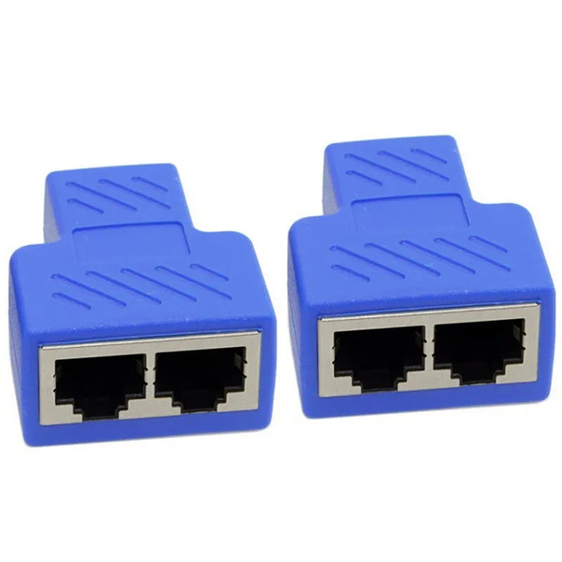 Two white RJ45 network cable splitters showing three female Ethernet ports each.