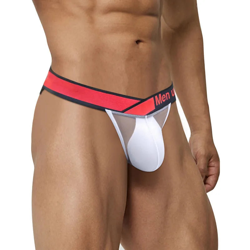 Men's solid colour nylon briefs with a low waist and large V gradient high-cut design.