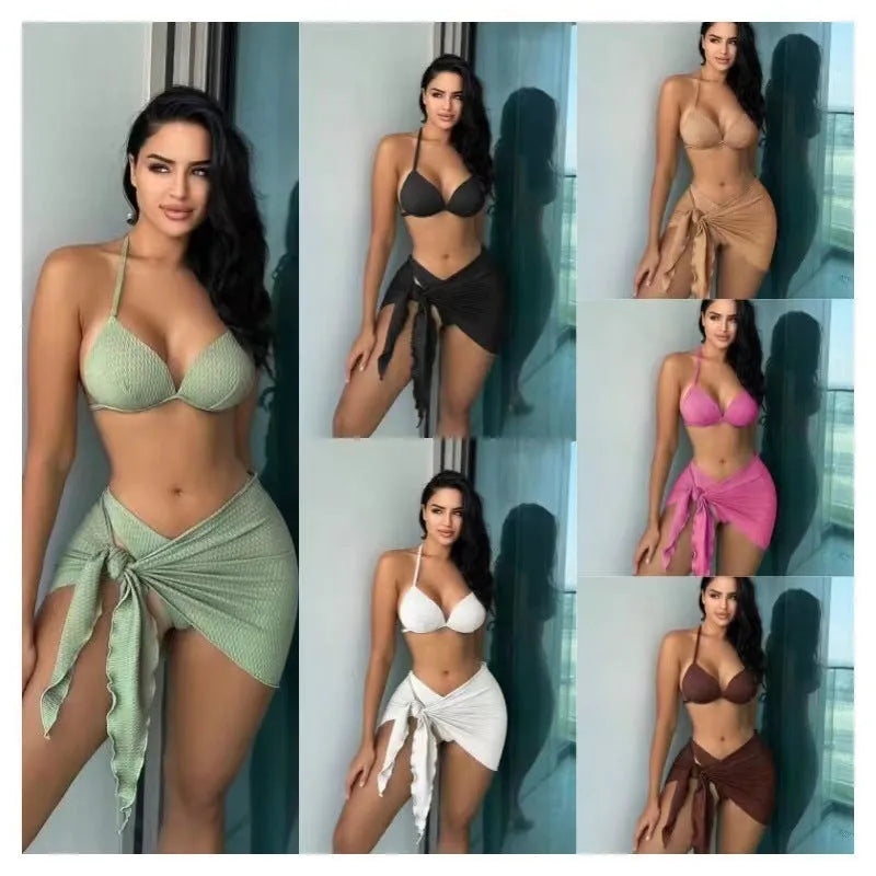 Women's avocado green three-piece swimsuit set with Russian split design, showing bikini top, high-cut bottoms, and skirt.