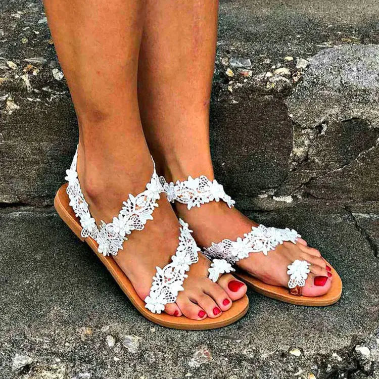 White plus size flat shoes with rhinestone floral decoration and backless slip-on design