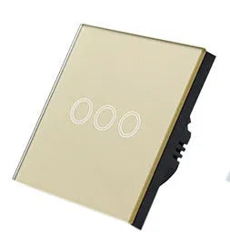Type 86 touch-sensitive light switch with tempered glass panel in black, golden, or white.